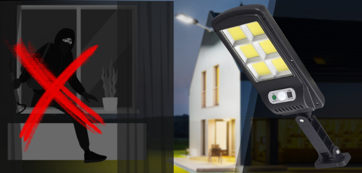 Image of the SunGlo light in a garden and an icon of a burglar crossed put